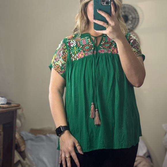JODIFL Tops - Green Flowy Aztec Embroidered Blouse by JODIFL